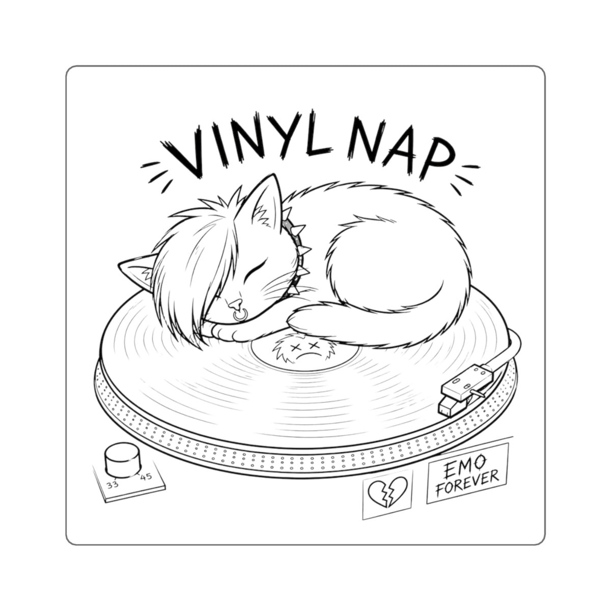 Vinyl Nap Square Sticker — Cute Emo Cat Sleeping on Record