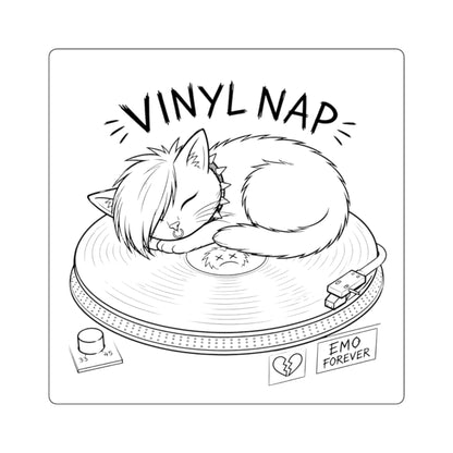 Vinyl Nap Square Sticker — Cute Emo Cat Sleeping on Record